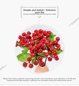 Detail of red foam berries with green leaves in a vase for home holiday decoration
