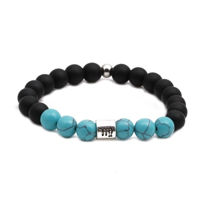 Couples beaded bracelet featuring turquoise, matte black stone and silver Virgo zodiac charm