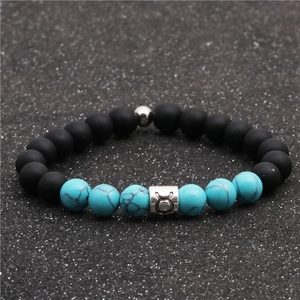 Detail of Taurus zodiac bracelet with black matte beads and turquoise stone accents