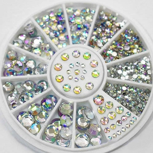 12-grid nail art wheel with assorted AB crystals and iridescent flatback rhinestones