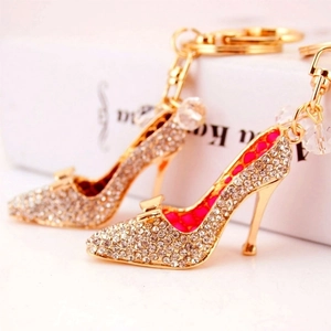 Porte-clés Chaussure Talon Haut Alliage Zinc Incrusté de Strass Pendentif de Sac Charme d'Auto Bijoux Cadeau Femme