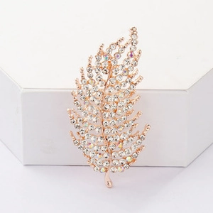 Detailed view of a gold feather brooch featuring sparkling clear rhinestone accents
