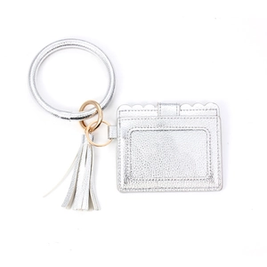 Silver PU leather card holder keychain with metallic bangle and tassel detailing