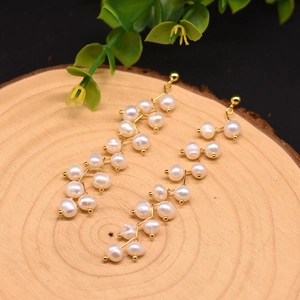 Elegant 18k gold plated long branch earrings featuring multiple natural freshwater pearls