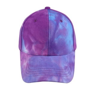 Detail view of tie-dye baseball cap featuring purple and blue twill fabric and stitching