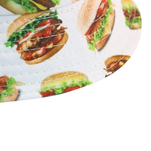 Close-up of printed bucket hat featuring burger patterns and durable brim stitching details