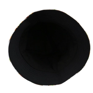 Detail showing reversible bucket hat with black inner lining and fast food print brim