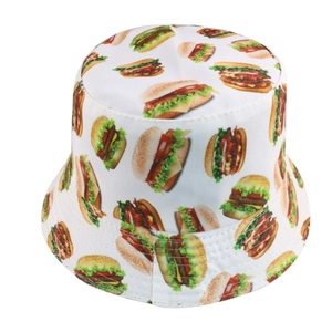 White reversible bucket hat featuring all-over hamburger food prints for outdoor sun protection