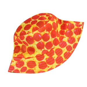 Reversible bucket hat with sausage pizza print and white stitching on canvas fabric
