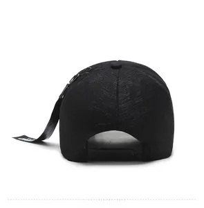 Detailed back view of a black street-style baseball cap with adjustable strap and ribbon detail