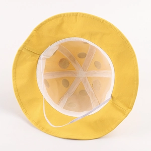 Yellow kids sun hat with breathable mesh lining and elastic chin strap on white background