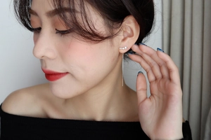 Close-up of star-shaped zircon threader earrings worn on model for a graceful look