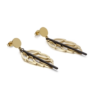 Elegant gold-tone leaf earrings with long black vertical pendants on white background