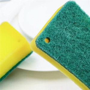 Double-sided yellow and green cleaning sponge with hanging hole for kitchen dishwashing