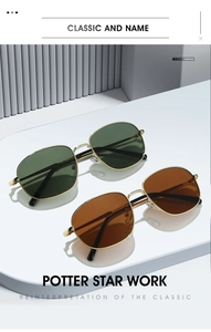 Classic oval metal sunglasses set in dark green and brown lenses with gold frame