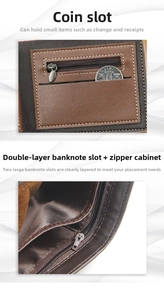 Men's wallet detail showing double cash layers, coin pocket and secure zipper pockets