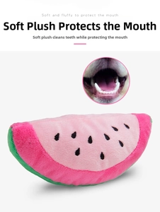 Detail of plush watermelon dog toy showing soft texture for dental cleaning and oral care