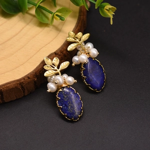 Handmade 925 silver lapis lazuli and natural pearl earrings with branch design
