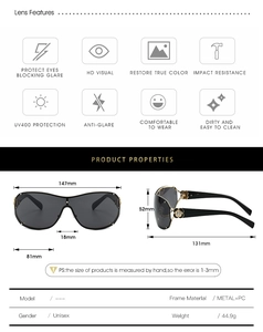 Detail specifications for unisex oversized sunglasses showing 147mm width and flower logo