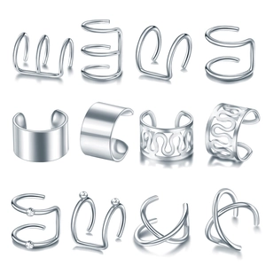 12-piece minimalist silver stainless steel ear cuff set with polished and zircon accents