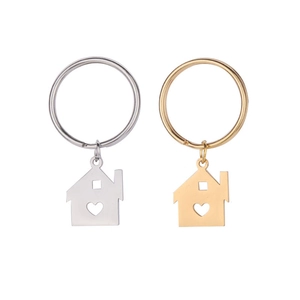 Polished stainless steel house-shaped keychains with heart cutout in silver and gold