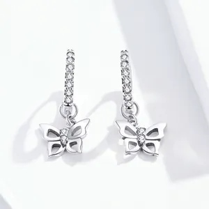 Elegant S925 sterling silver butterfly drop earrings with sparkling cubic zirconia stones