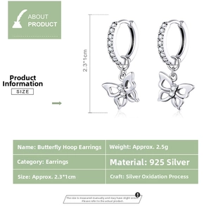 Detailed size specifications of 925 sterling silver butterfly hoop earrings with dimensions