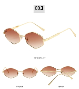 Détails de lunettes de soleil hexagonales en métal doré avec verres dégradés marron