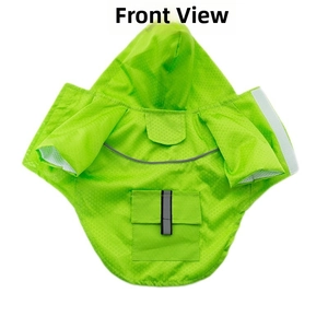 Detailed texture of waterproof green pet raincoat with reflective strips and hood