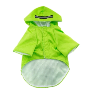 Detail of pet raincoat featuring reflective grey safety strips and breathable mesh lining