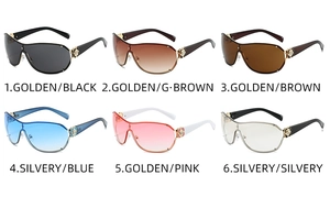 Close-up of shield sunglasses featuring signature metal camellia flower detail on temples