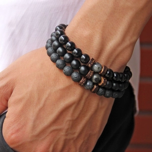 Men's triple-layer bracelet set with black obsidian beads, volcanic stone and coconut wood