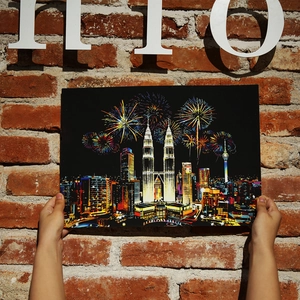 DIY colorful city night scene scratch art paper featuring Kuala Lumpur Petronas Towers
