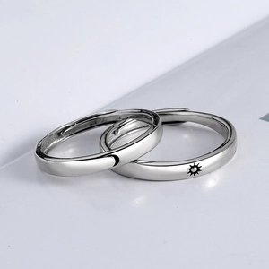 Minimalist silver sun and moon couple rings with adjustable open band for women and men