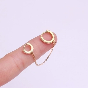 Fashionable gold chain earrings with zircon studs for double piercings stylish jewelry