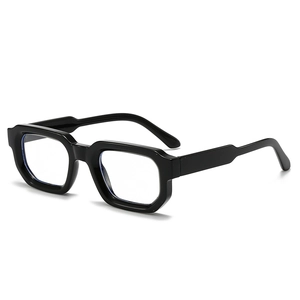 Retro thick-frame square glasses in glossy black with clear lenses from a 45-degree angle