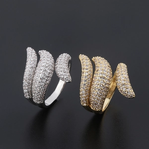 Three-layer wrap open rings in gold and silver finish with pave setting cubic zirconia