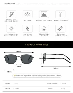 Size chart for unisex metal oval sunglasses showing dimensions and UV400 specifications