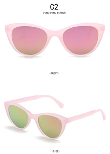 Vista frontale e laterale di occhiali da sole cat eye rosa con lenti a specchio