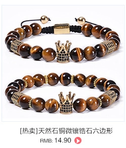 Detail of natural tiger eye stone beads with copper micro-paved zircon crown charms