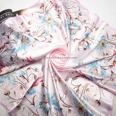 Pink floral satin square scarf with elegant blossom print and silky glossy finish