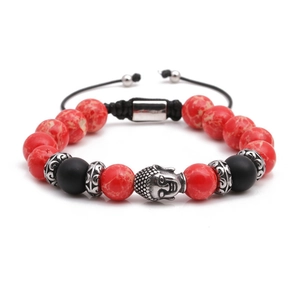 Bracciale da uomo regolabile con perline in marmo rosso, nere opache e ciondolo a testa di Buddha