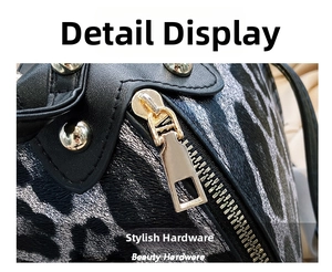 Detail of trendy leopard print handbag featuring high-gloss gold hardware and zip closure