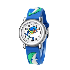 Detail of blue silicone kids watch band with 3D dolphin relief and colorful hands