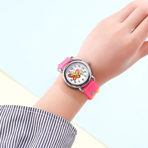 Kids quartz watch with pink silicone butterfly strap and clear numeric dial for girls