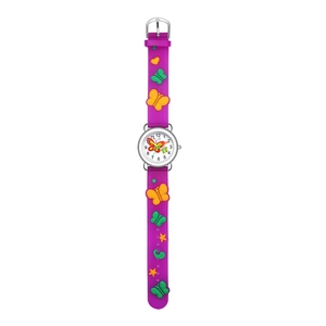 Detailed view of kids butterfly quartz watch with purple silicone strap and numeric dial