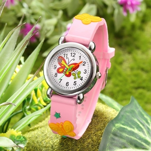Detail of pink silicone watch band with 3D butterflies and colorful dial for kids