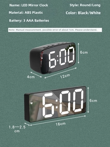 Detailed view of LED mirror clocks with dimensions and black ABS plastic housing