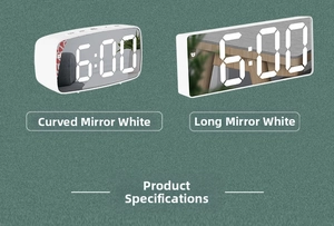 Detail view of rectangular and curved white LED mirror digital clocks on green background