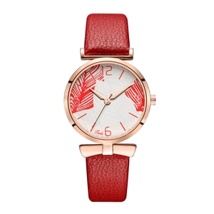 Tadi women's quartz watch with red leather strap and leaf pattern dial in rose gold case